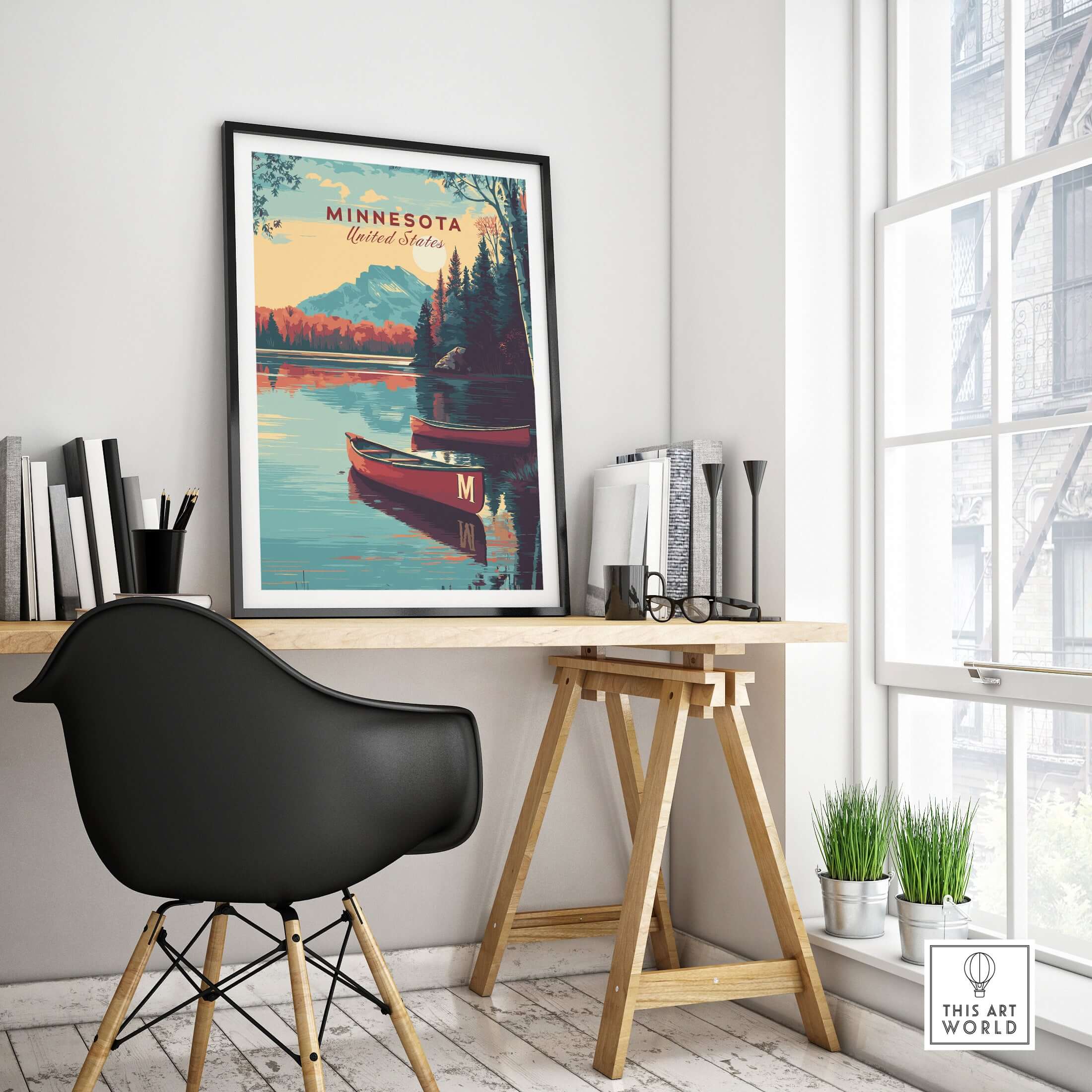 Minnesota USA Lake Canoe Poster - Peaceful Landscape Wall Art displayed in a stylish interior setting with a desk and chair.