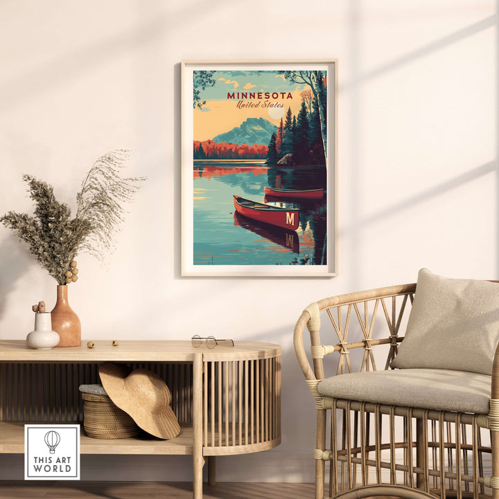 Minnesota USA Lake Canoe Poster showcasing a serene lake landscape, perfect for nature lovers and tranquil home decor.