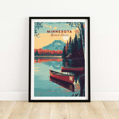 Minnesota USA Lake Canoe Poster - Peaceful Landscape Wall Art showcasing tranquil lakes and canoes in a serene setting.