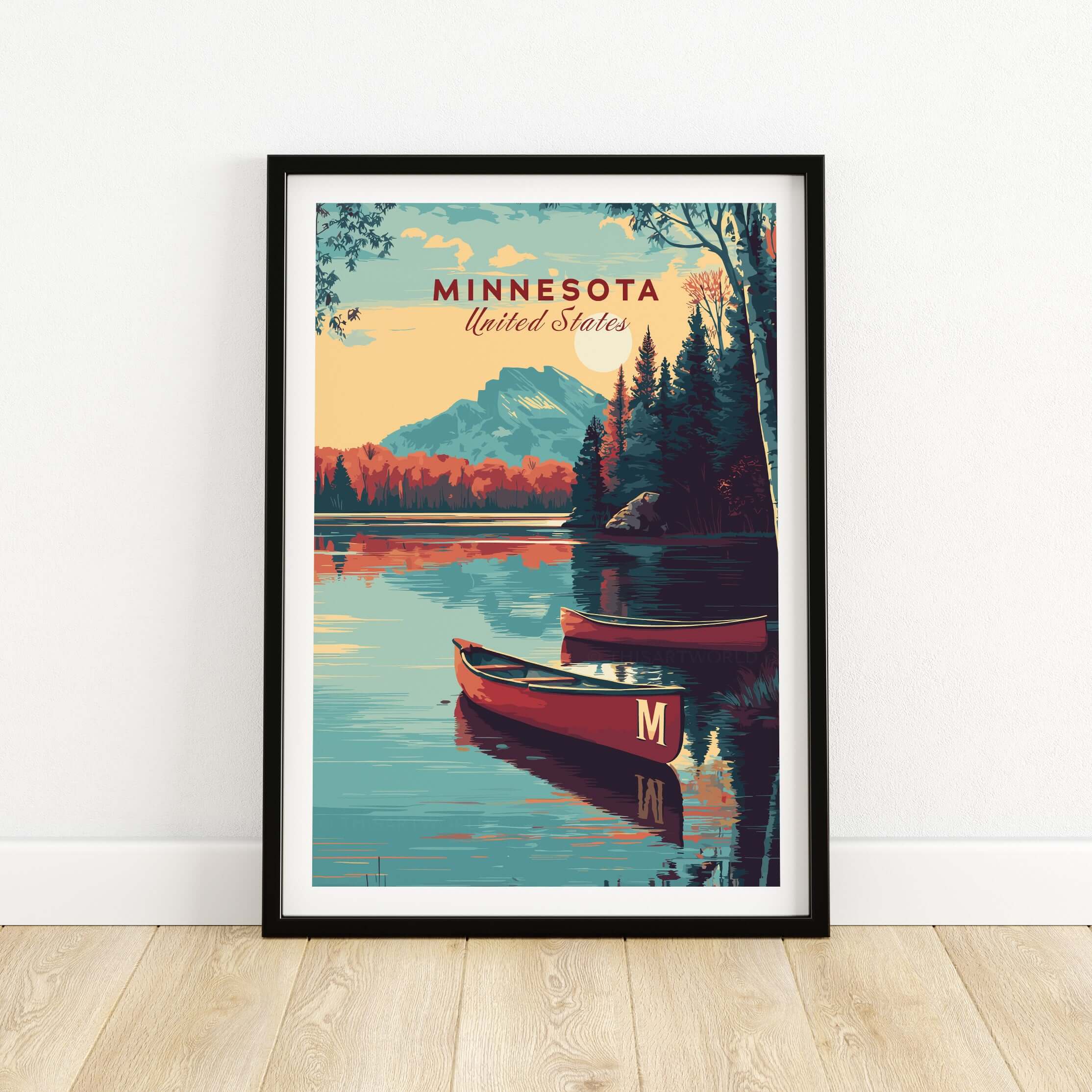 Minnesota USA Lake Canoe Poster - Peaceful Landscape Wall Art showcasing tranquil lakes and canoes in a serene setting.