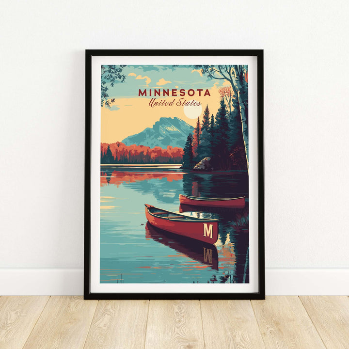 Minnesota USA Lake Canoe Poster featuring serene landscape and red canoes on a peaceful lake.