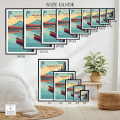 Minnesota USA Lake Canoe Poster - Peaceful Landscape Wall Art Size Guide with various print sizes displayed.