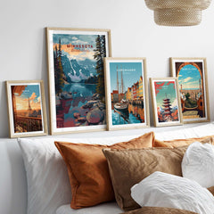 Minnesota USA Mountain Lake Poster - Rocky Landscape Wall Art framed on wall with other travel posters and cozy decor.