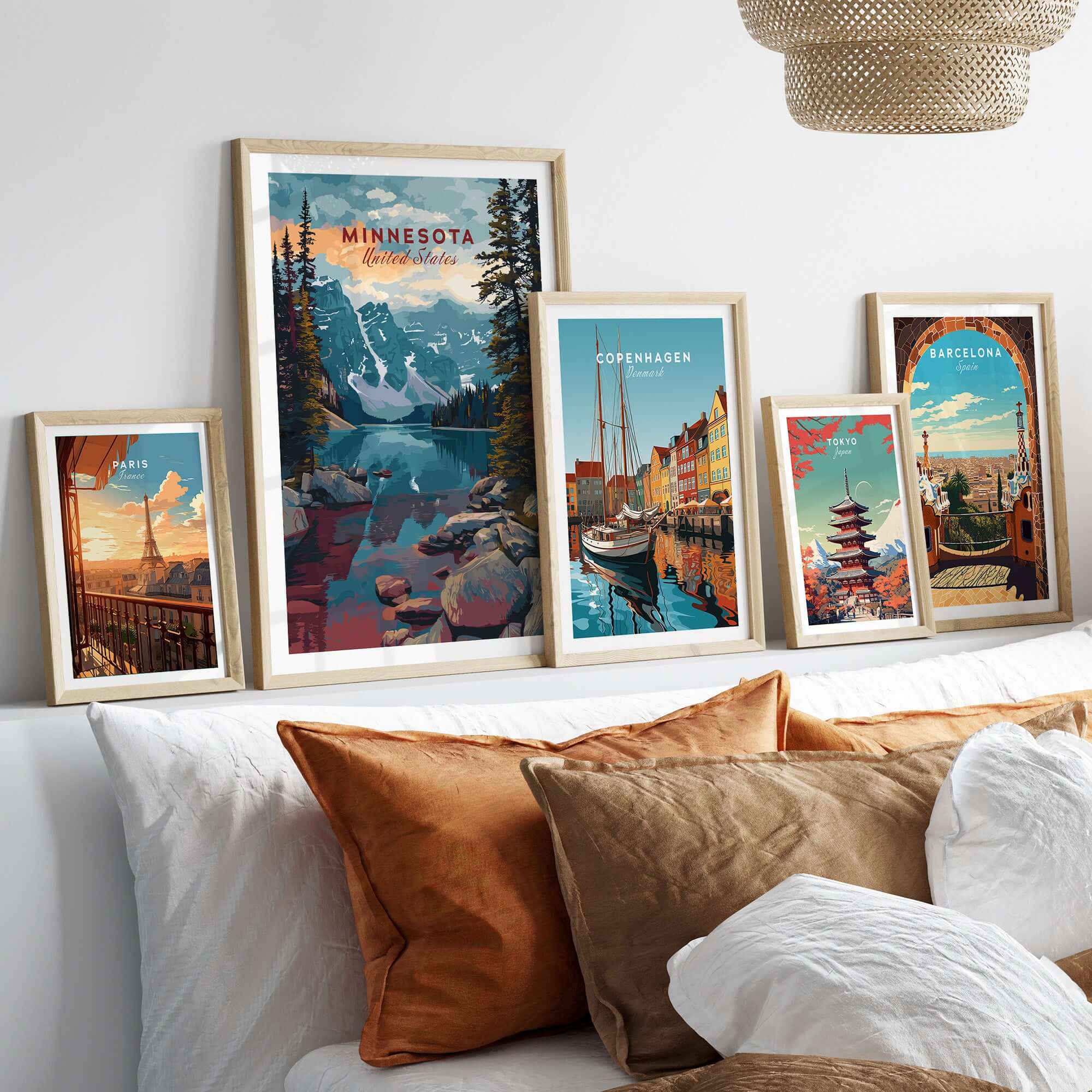 Minnesota USA Mountain Lake Poster - Rocky Landscape Wall Art framed on wall with other travel posters and cozy decor.