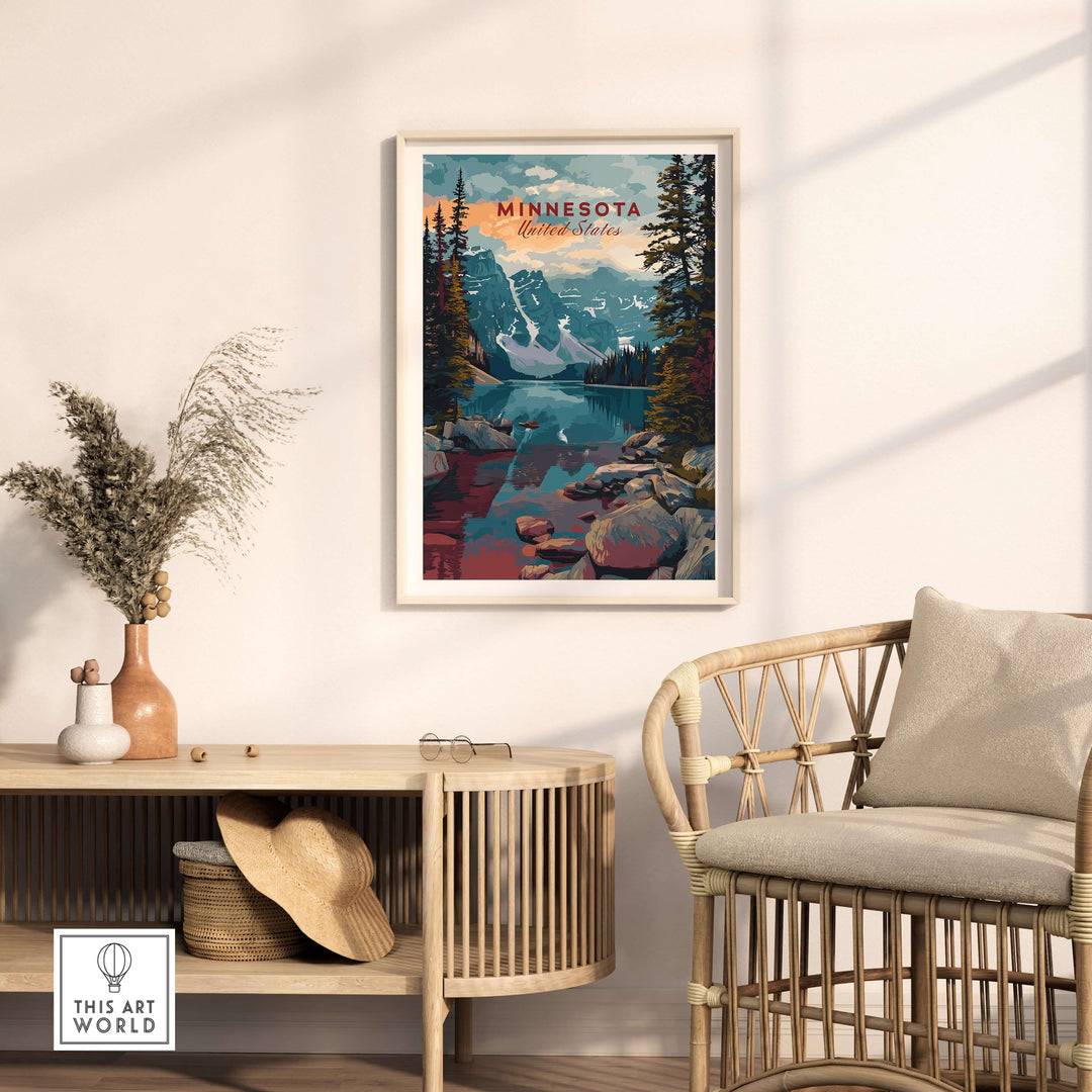 Minnesota mountain lake poster showcasing rocky landscape wall art in a cozy home setting.