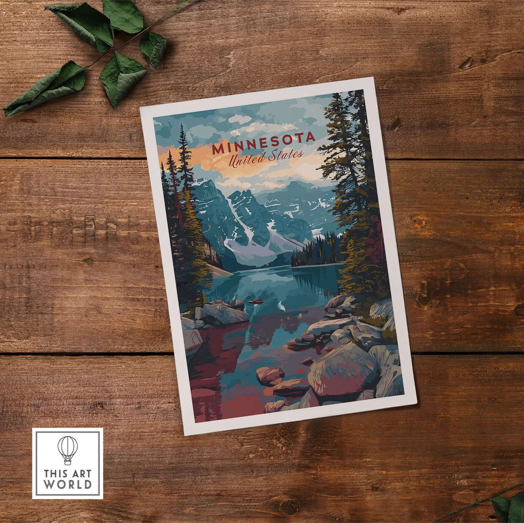 Minnesota Mountain Lake Poster showcasing rocky landscape with trees and serene water reflection.