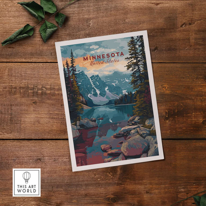 Minnesota Mountain Lake Poster showcasing rocky landscape with trees and serene water reflection.