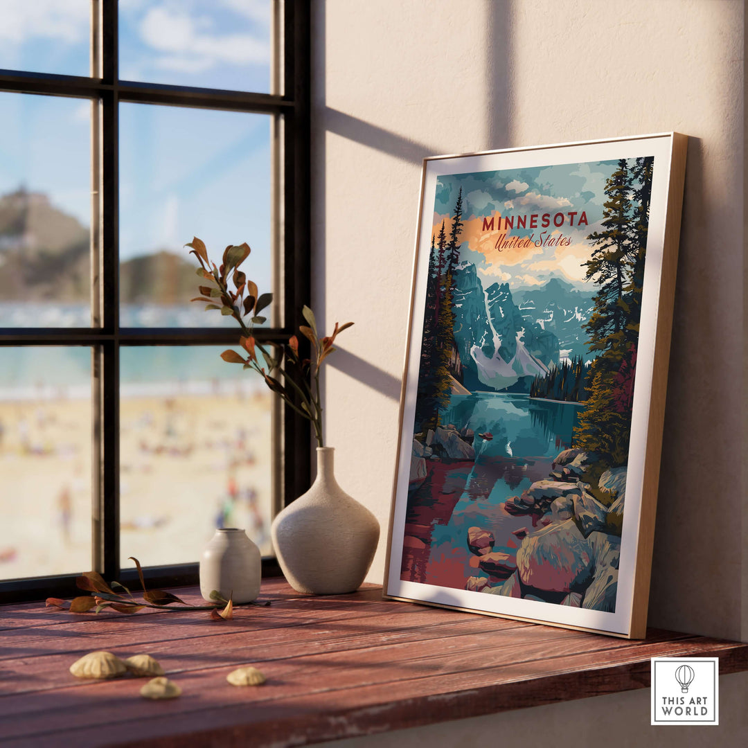 Minnesota Mountain Lake Poster framed by window with beach view, showcasing rocky landscape wall art.