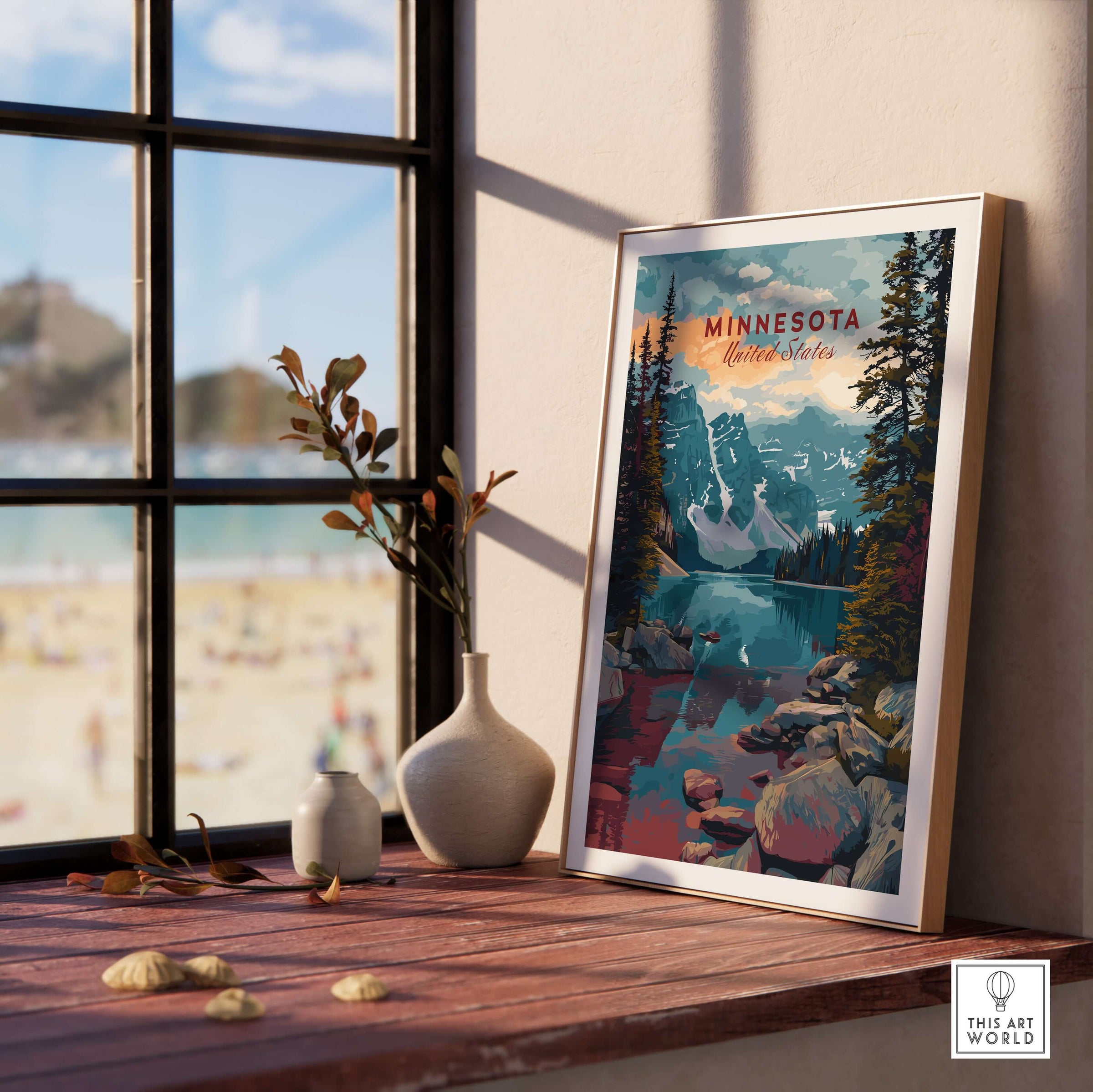 Minnesota USA Mountain Lake Poster - Rocky Landscape Wall Art displayed on a table with a serene view outside.