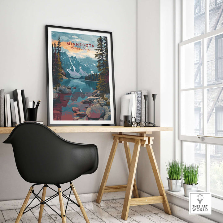 Minnesota Mountain Lake poster displayed in modern office, showcasing rocky landscape and serene nature scene.