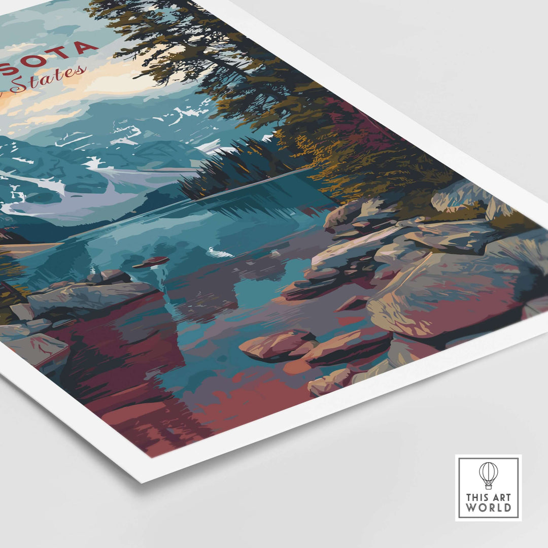 Minnesota USA Mountain Lake poster featuring rocky landscape and serene water reflections in nature-inspired art.