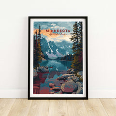 Minnesota USA Mountain Lake Poster - Rocky Landscape Wall Art featuring a serene lakeside view with mountains.