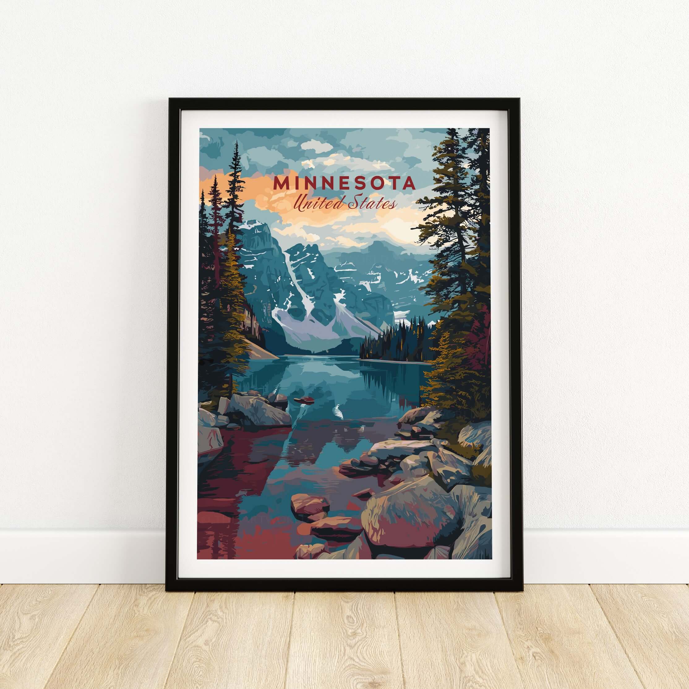 Minnesota USA Mountain Lake Poster - Rocky Landscape Wall Art featuring a serene lakeside view with mountains.