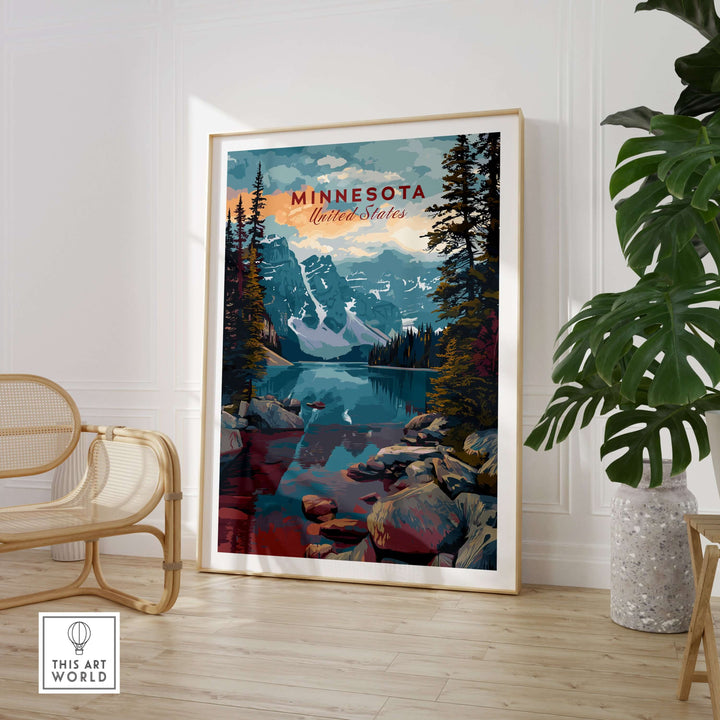 Minnesota Mountain Lake Poster featuring rocky landscape and vibrant colors, ideal wall art for nature lovers.
