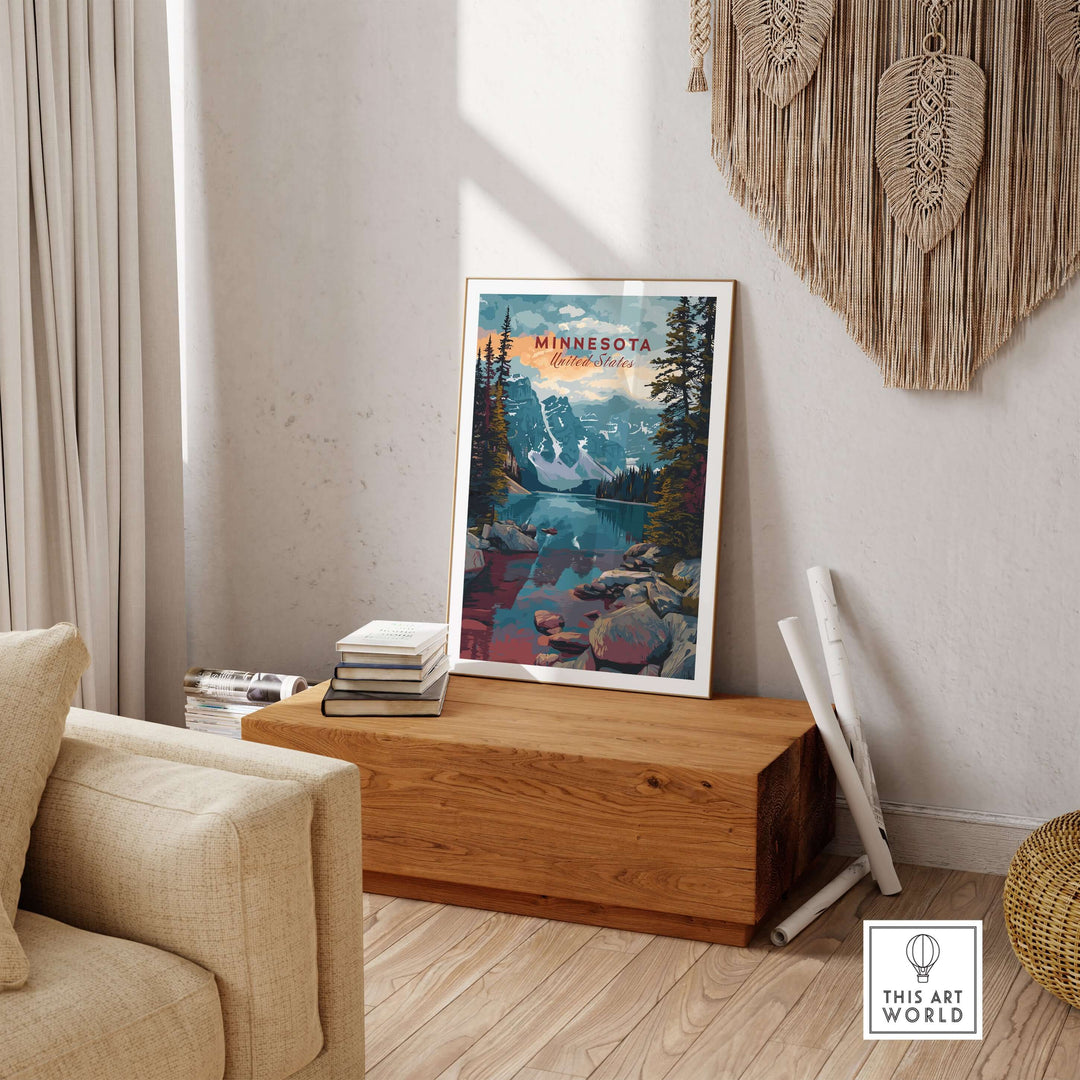 Minnesota USA Mountain Lake Poster showcasing rocky landscape wall art in a stylish living room setting.