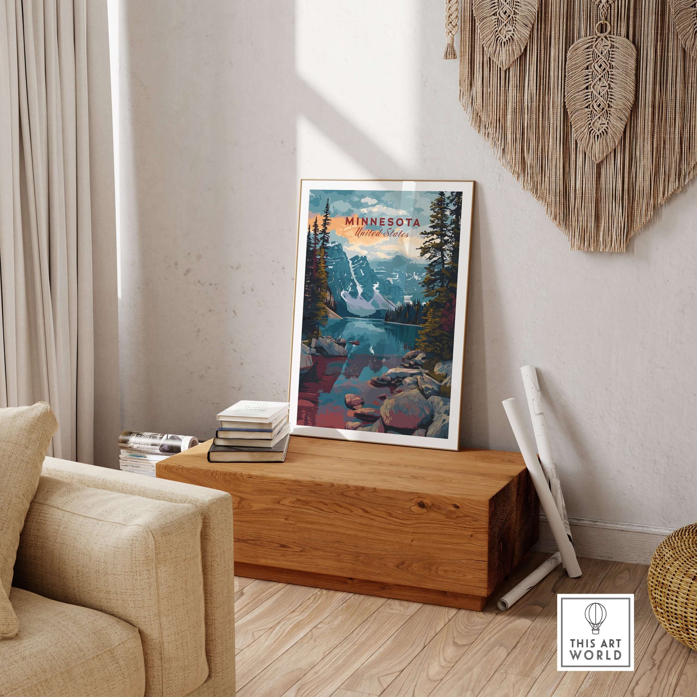 Minnesota USA Mountain Lake Poster - Rocky Landscape Wall Art displayed in a cozy living room setting.