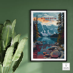 Minnesota USA Mountain Lake Poster - Rocky Landscape Wall Art displayed on a green wall with tropical plants.