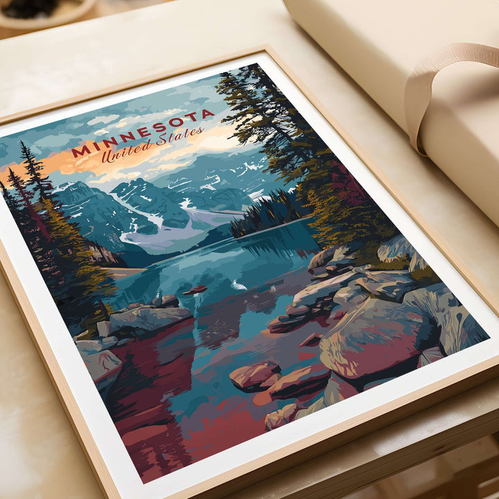 Minnesota USA Mountain Lake Poster featuring rocky landscape and serene water scene, perfect for nature lovers.