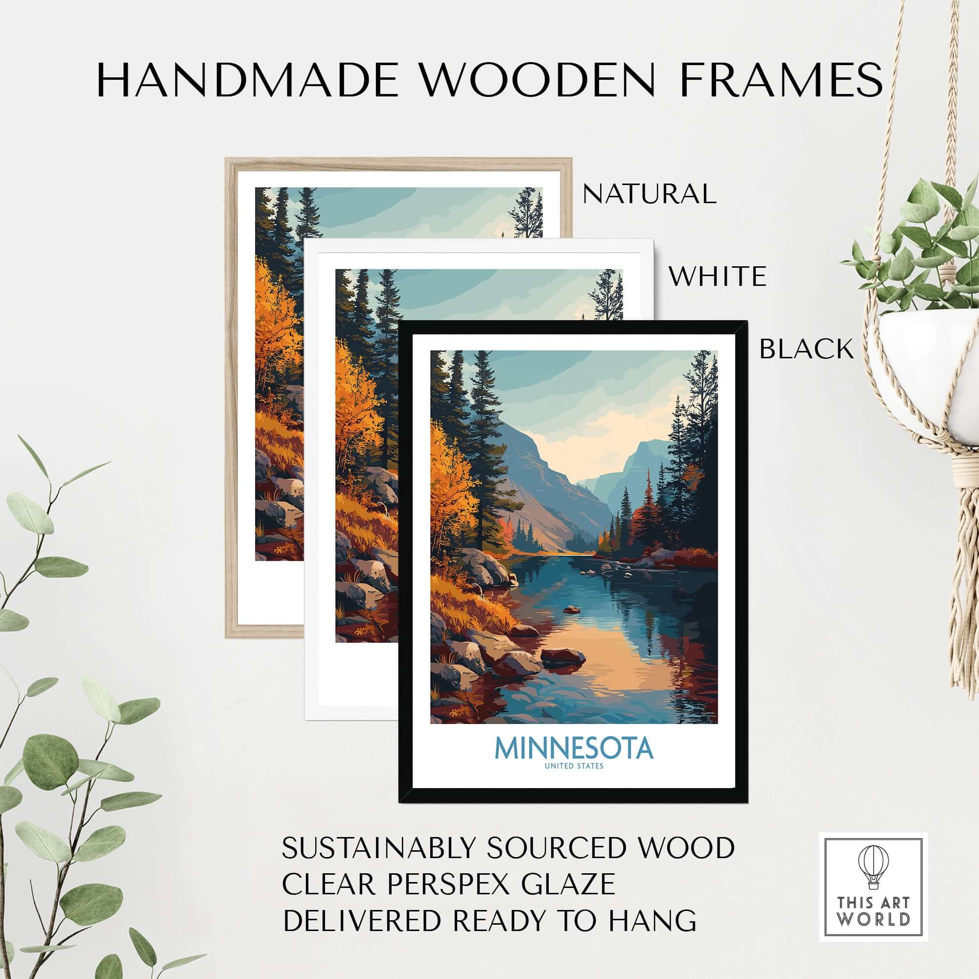 Minnesota Wilderness Print - United States Travel Decor displayed in handmade wooden frames in natural, white, and black.