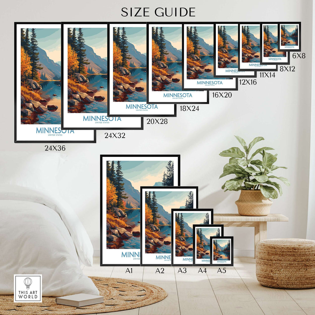 Size guide for Minnesota Wilderness Print showcasing various frame sizes in a home decor setting.