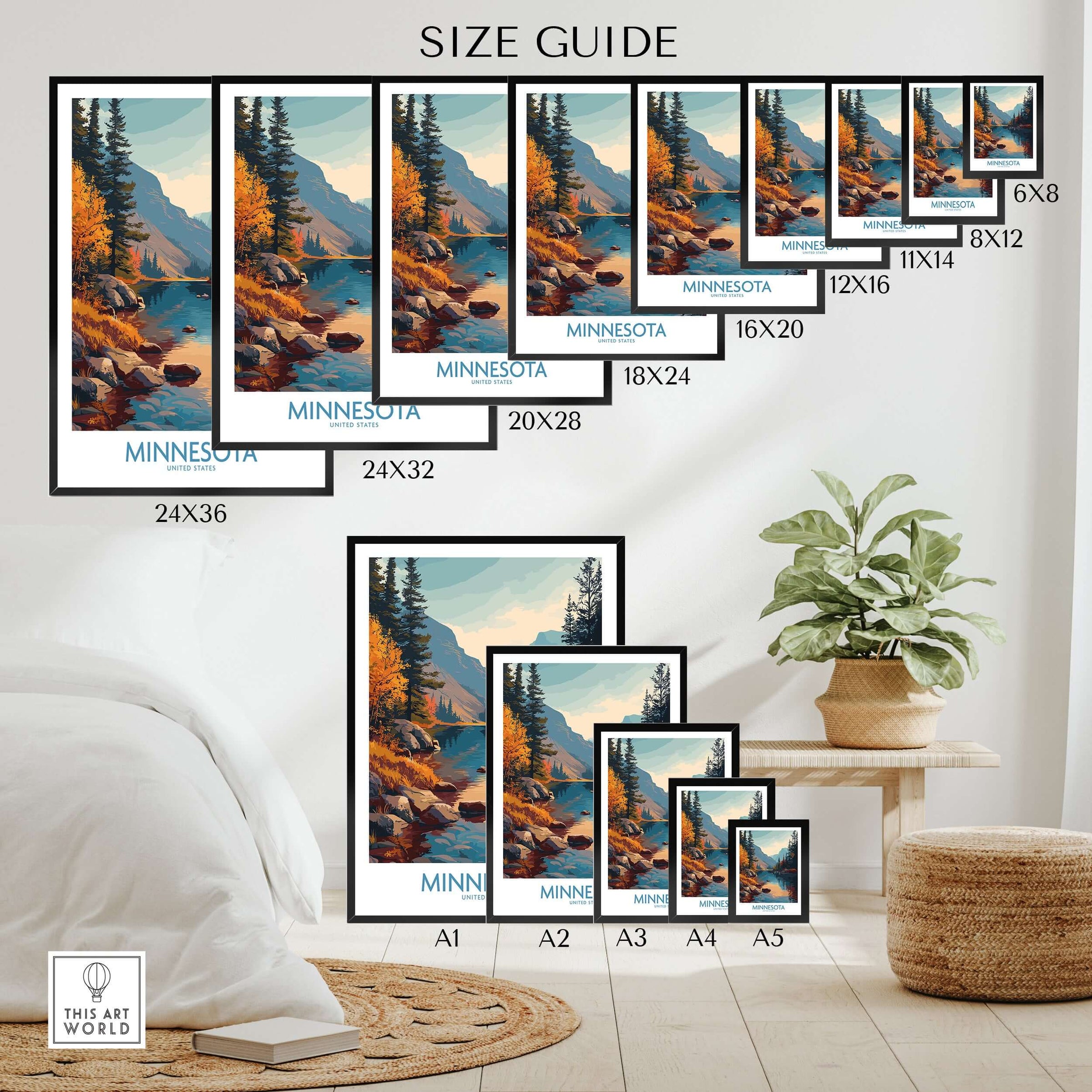 Minnesota Wilderness Print - United States Travel Decor size guide showcasing various frame sizes and artwork layout.