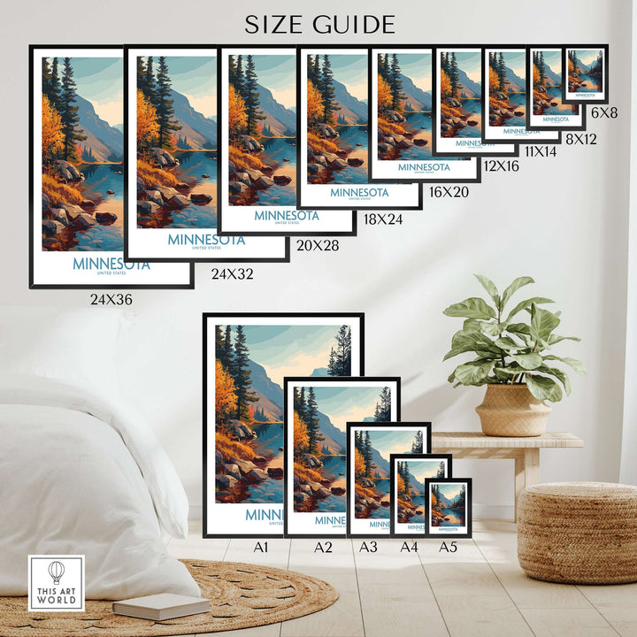 Size guide for Minnesota Wilderness Print showcasing various frame sizes in a home decor setting.