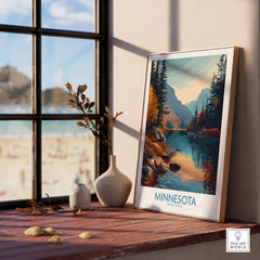 Minnesota Wilderness Print - United States Travel Decor displayed in a cozy home setting near a window.