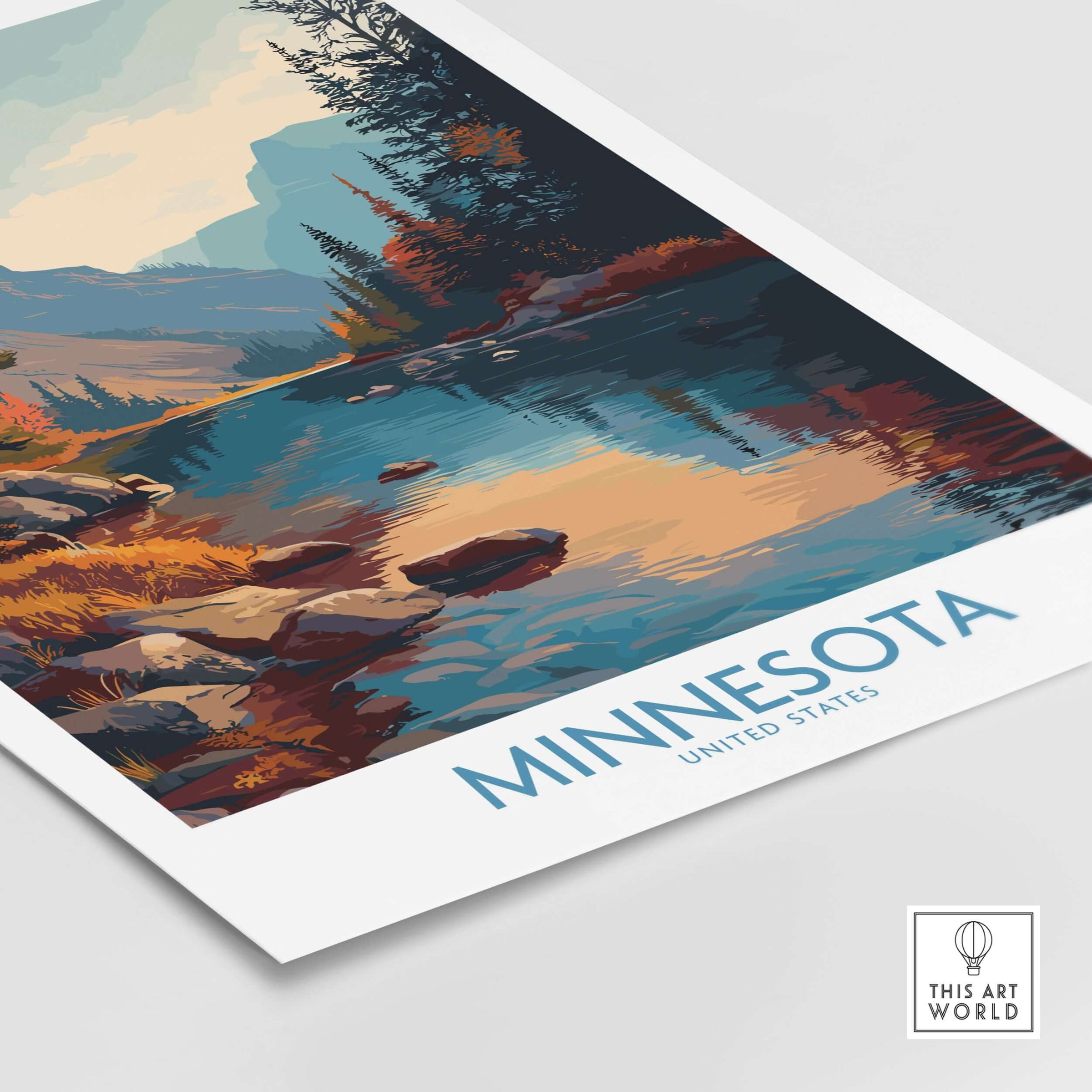 Minnesota Wilderness Print - United States Travel Decor showcasing scenic river and autumn landscape.