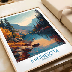 Minnesota Wilderness Print - United States Travel Decor showcasing a serene landscape with vibrant autumn colors and a tranquil river.