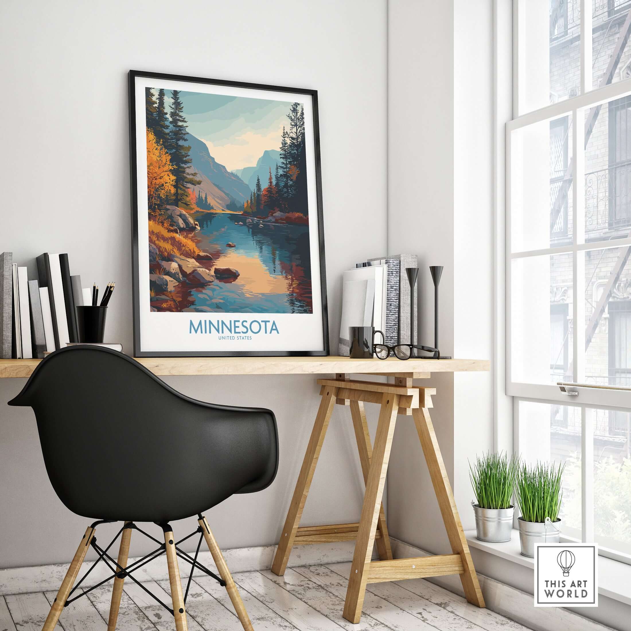 Minnesota Wilderness Print - United States Travel Decor displayed on a desk in a modern office setting.