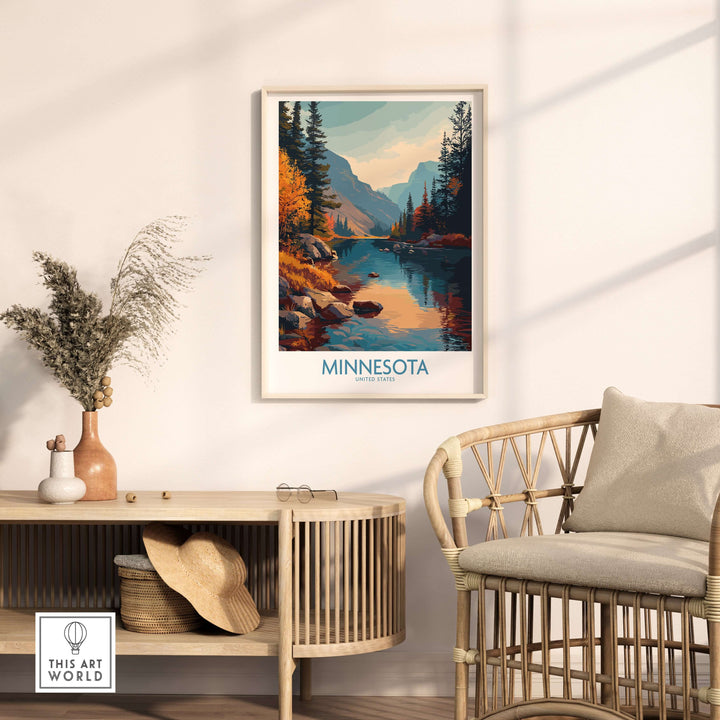 Minnesota wilderness print featuring serene landscapes in vibrant colors, perfect for United States travel decor.
