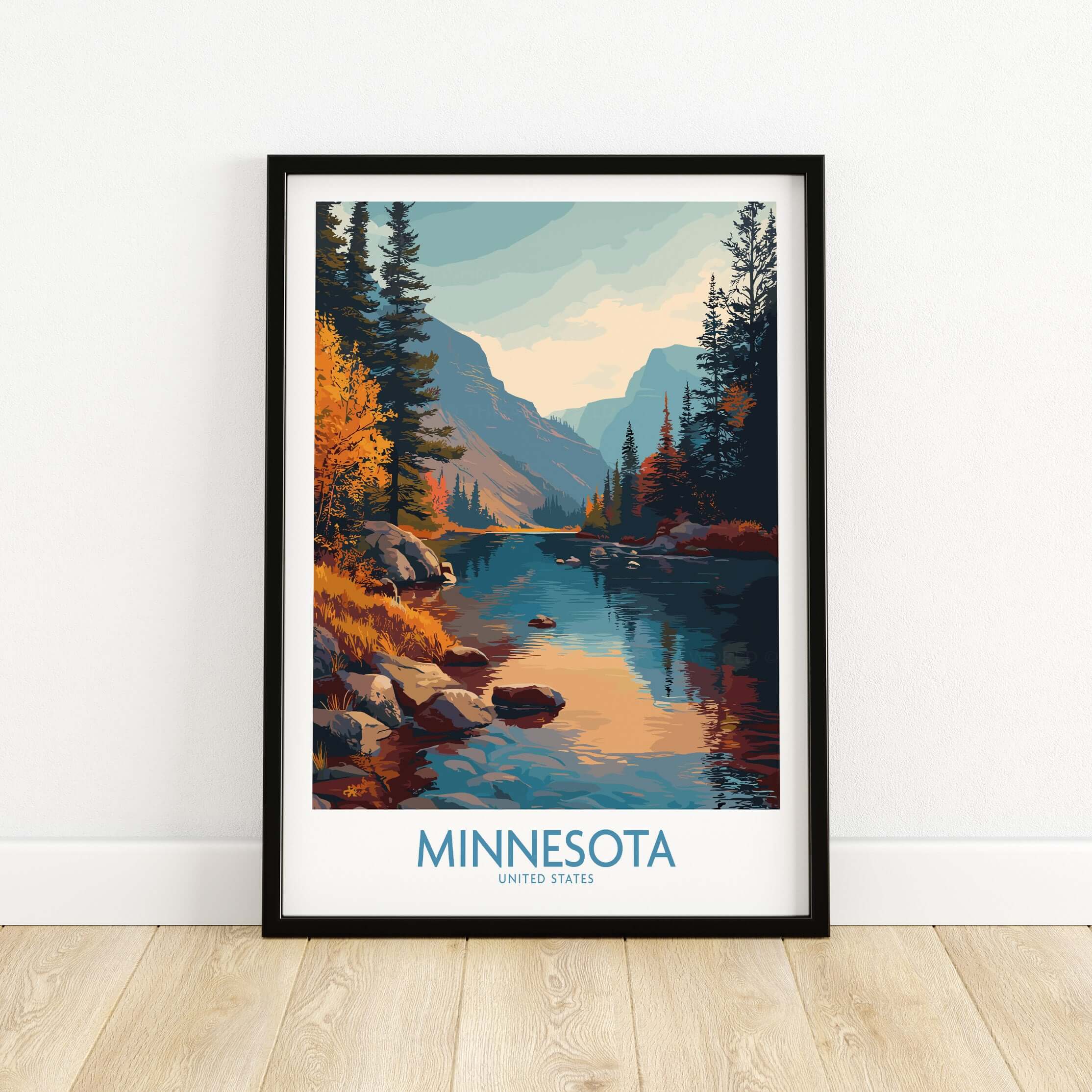 Minnesota Wilderness Print - United States Travel Decor featuring scenic mountain landscape and reflective water.