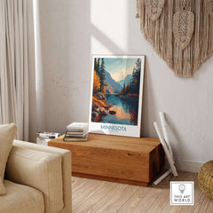 Minnesota Wilderness Print - United States Travel Decor displayed in a cozy living room setting.