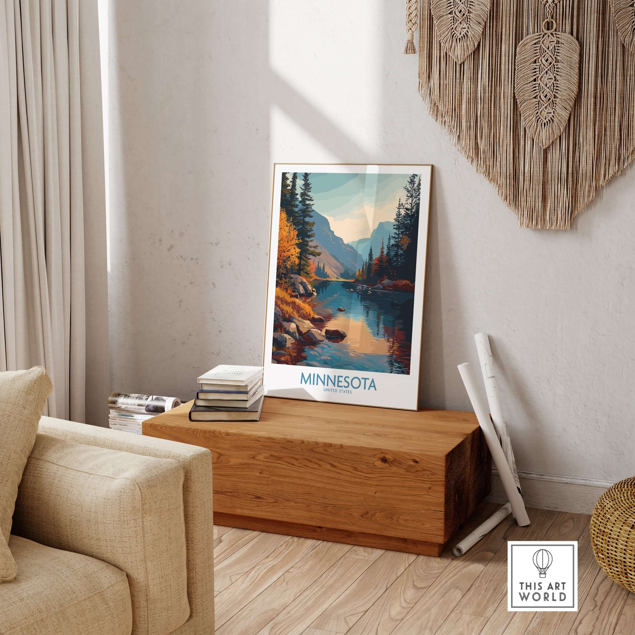 Minnesota Wilderness Print - United States Travel Decor displayed in a cozy living room setting.
