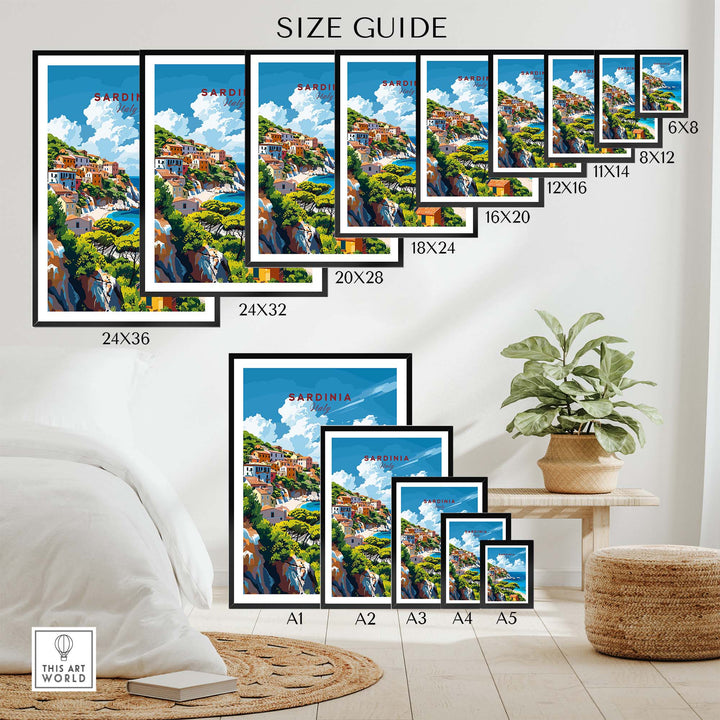 Size guide for modern Sardinia poster showcasing multiple dimensions in a cozy room setting.