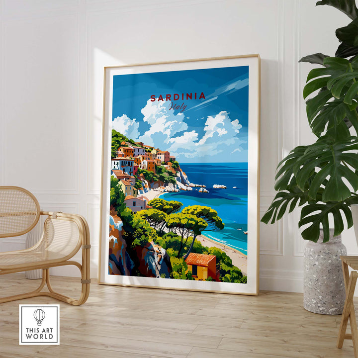 Modern Sardinia poster showcasing Italy's scenic landscape with picturesque beaches and charming coastal views.