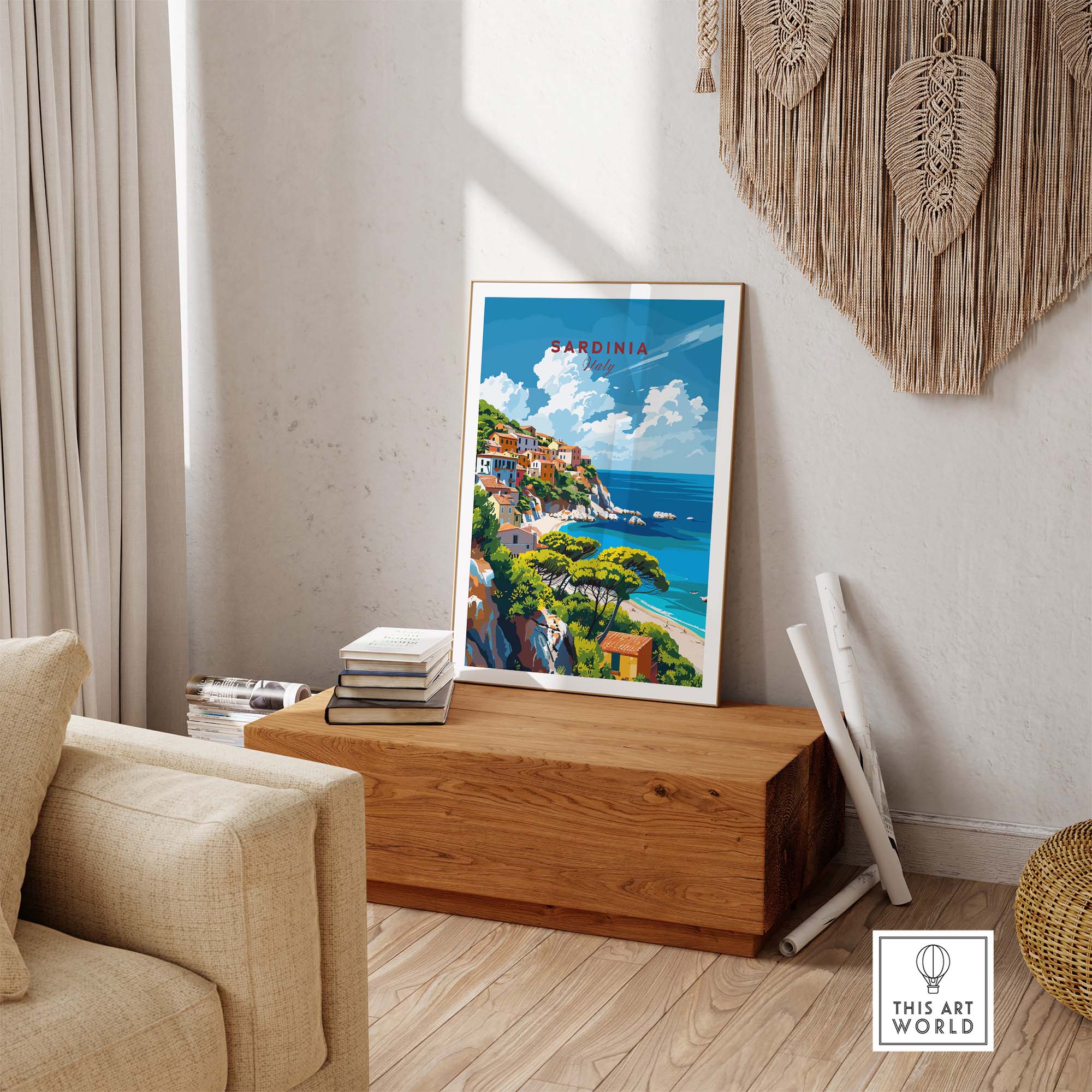Modern Sardinia Poster Captivating Views of Italy´s Scenic Island displayed in a stylish living room.