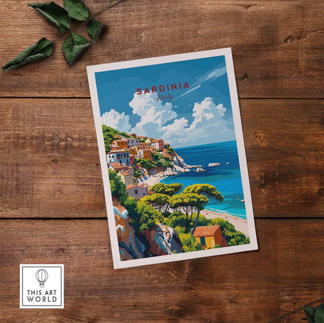 Modern Sardinia poster featuring scenic views of Italy's picturesque beaches on a wooden table.