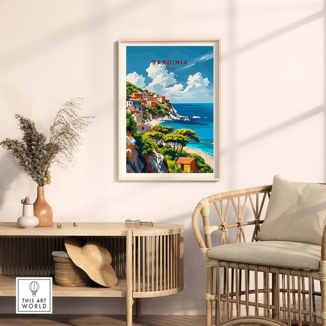 Modern Sardinia poster showcasing scenic Italian beach landscape in a stylish living space