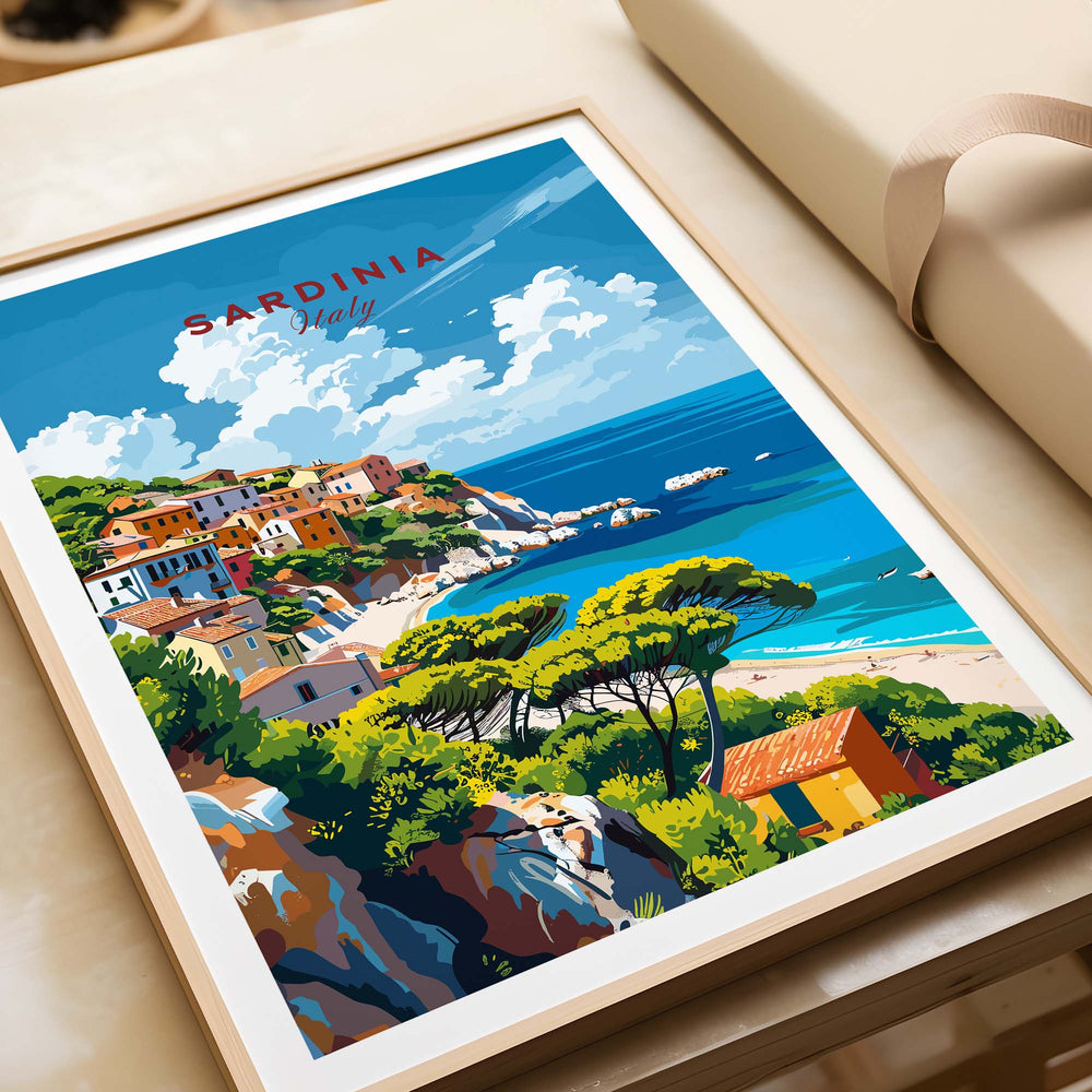 Modern Sardinia poster showcasing Italy's scenic coastline with colorful houses and beautiful beaches