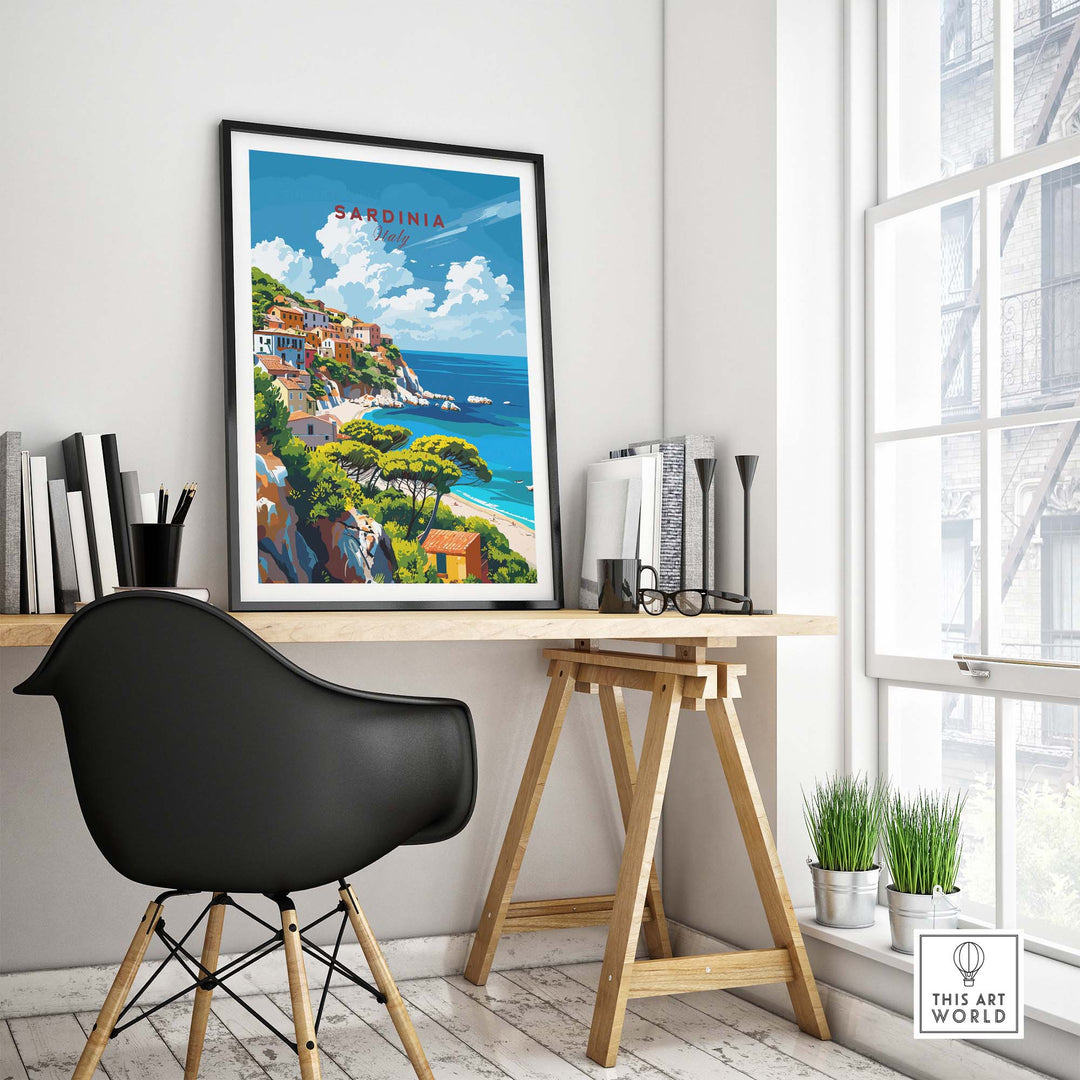 Modern Sardinia poster showcasing Italy's scenic landscape on a desk in a stylish room with a black chair and large window