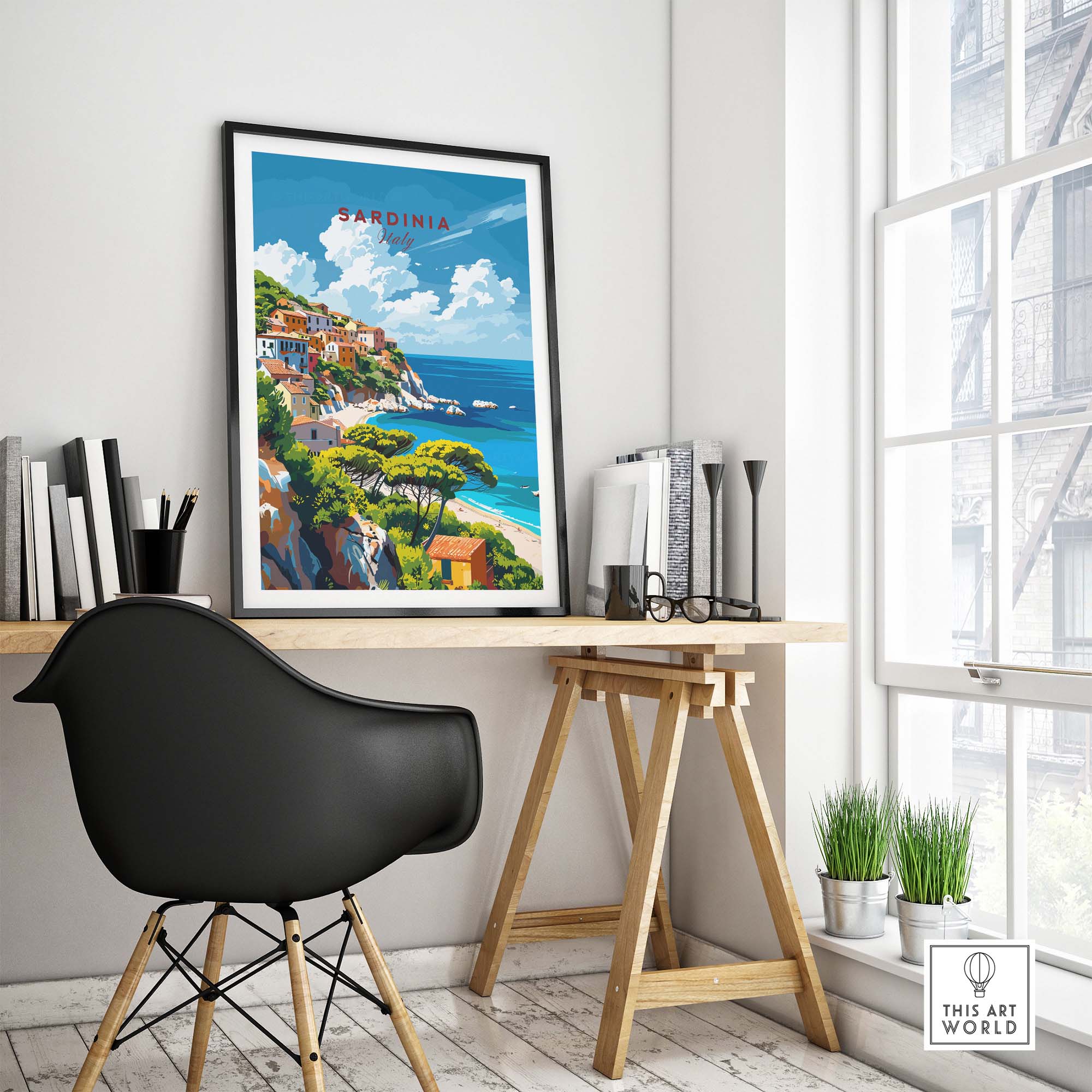 Modern Sardinia Poster Captivating Views of Italy´s Scenic Island displayed in a stylish home office.