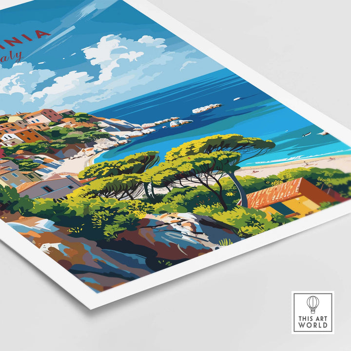 Modern Sardinia poster with captivating views of Italy's scenic island, featuring picturesque beaches and lush landscapes.