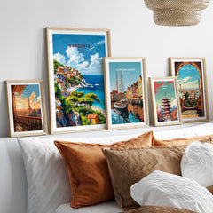 Modern Sardinia Poster Captivating Views of Italy´s Scenic Island displayed on a cozy bed with decorative pillows.