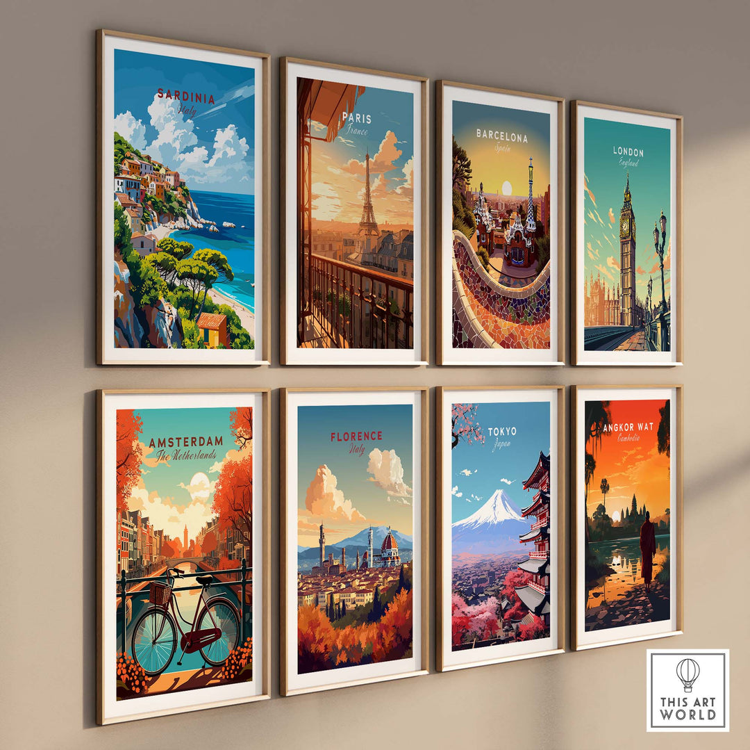 Gallery wall displaying various travel posters including Sardinia, Paris, Barcelona, London, Amsterdam, Florence, Tokyo, and Angkor Wat.