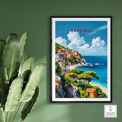 Modern Sardinia Poster Captivating Views of Italy´s Scenic Island framed on wall with palm leaves nearby.