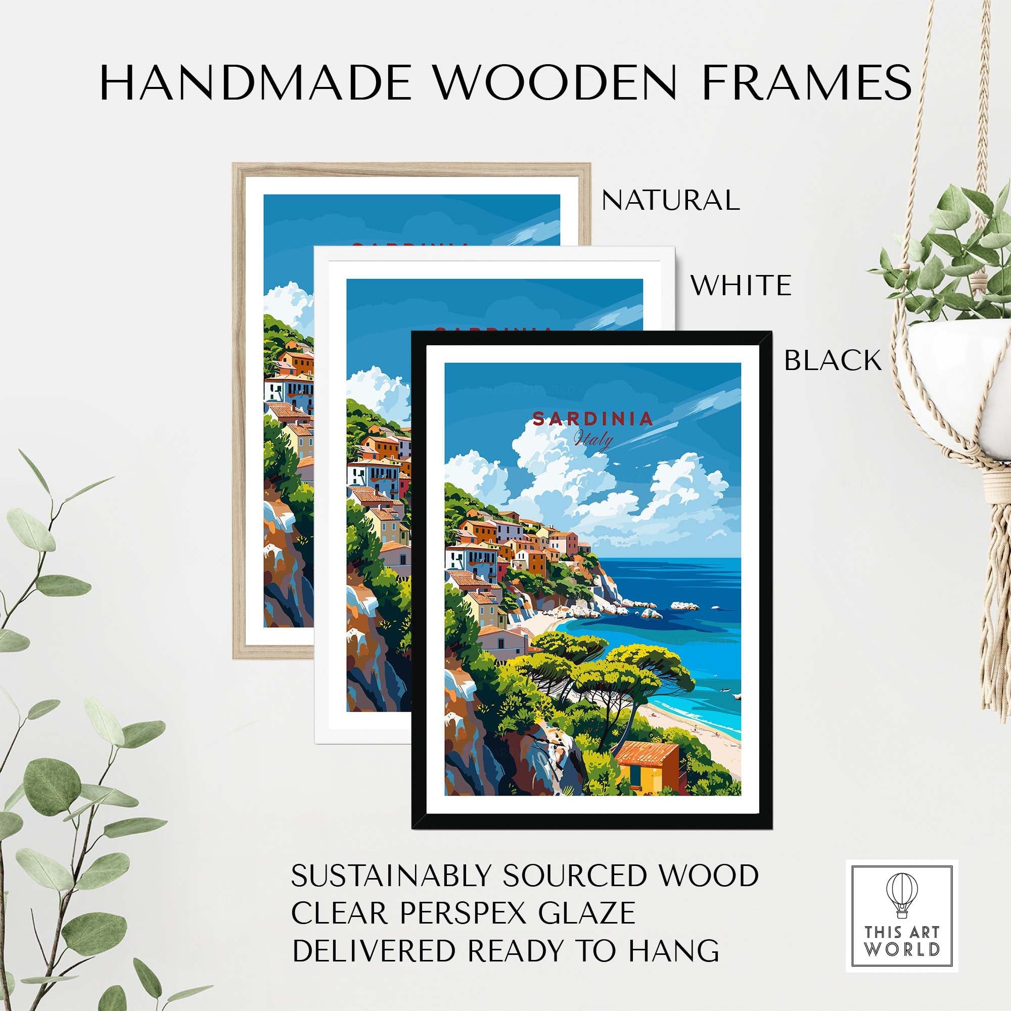 Modern Sardinia Poster Captivating Views of Italy´s Scenic Island framed in handmade wooden frames.