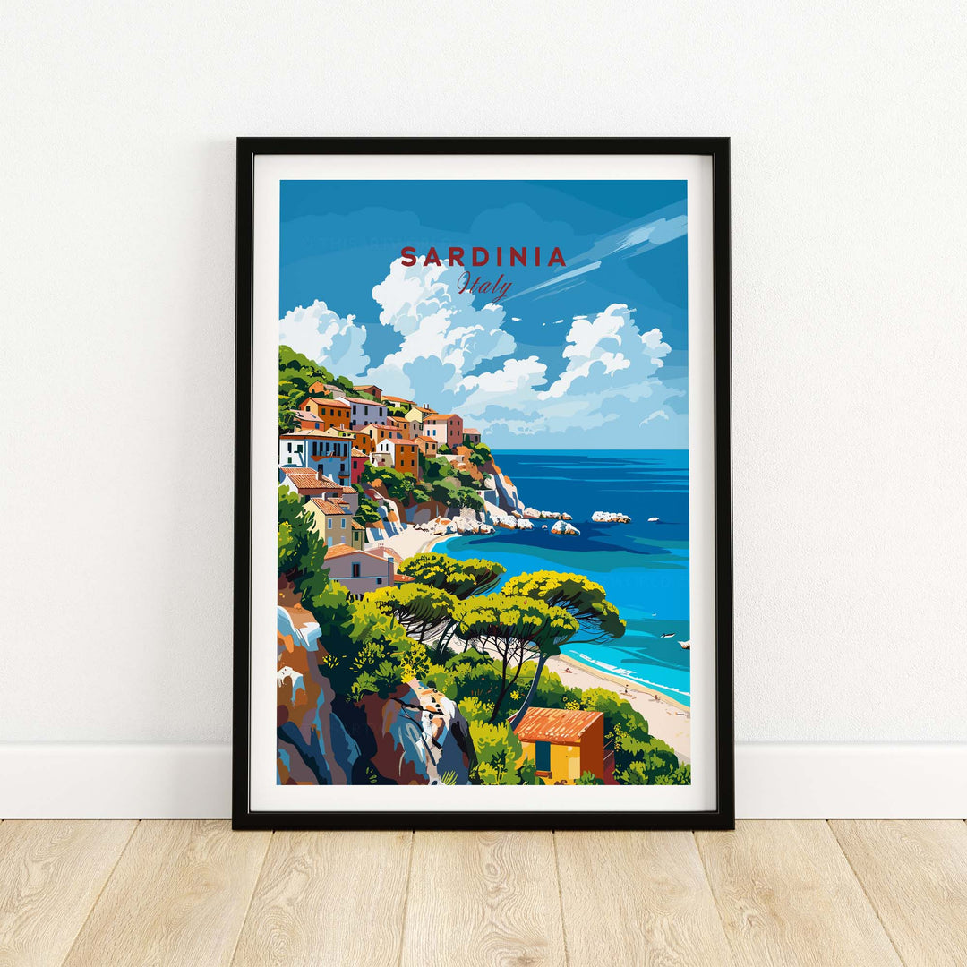 Modern Sardinia Poster showcasing scenic views of Italy's picturesque beaches and landscapes.