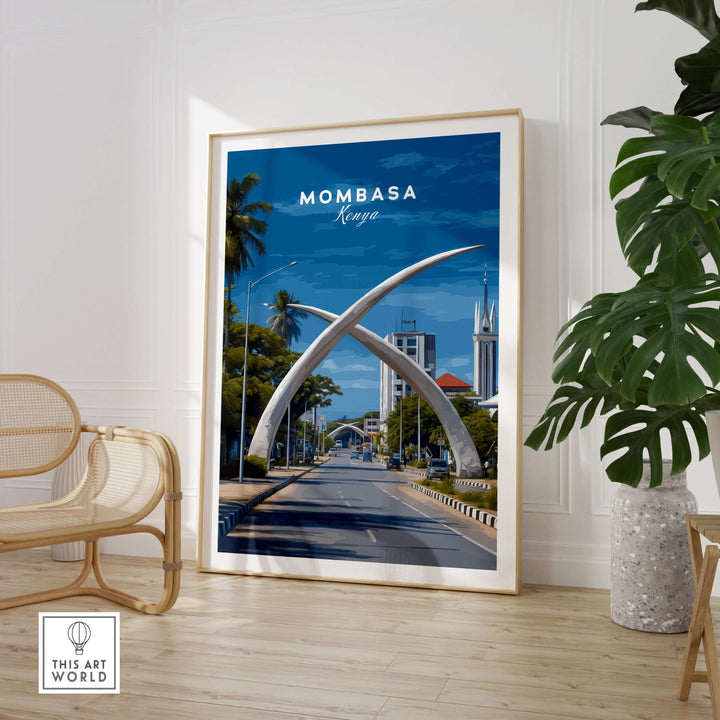 Mombasa City Gateway Print showcasing iconic Kenyan decor in a stylish home setting with palm trees.
