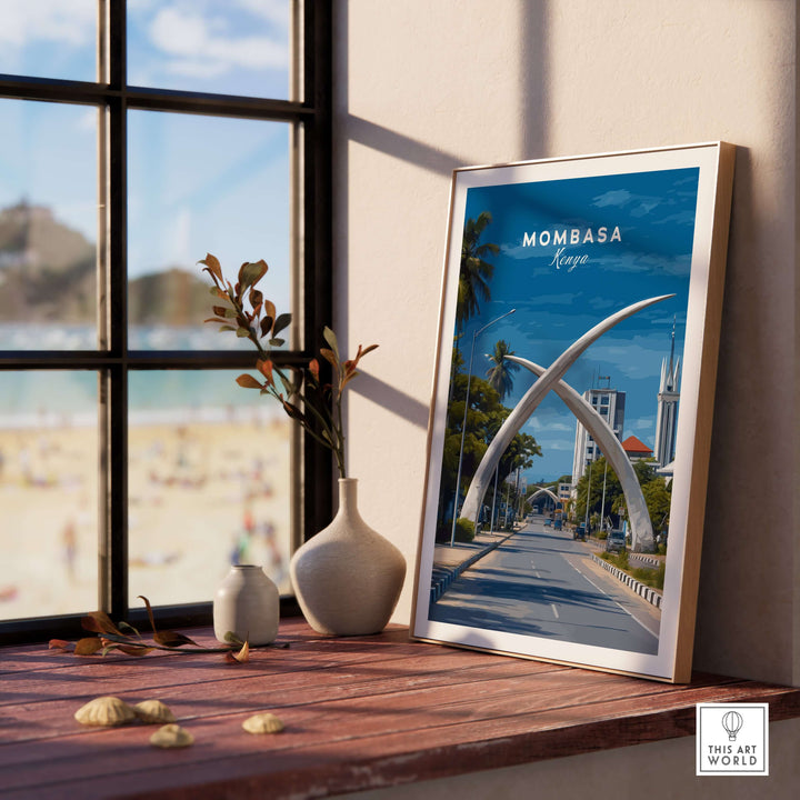 Mombasa City Gateway print displayed indoors, showcasing Kenyan travel decor with beach view.
